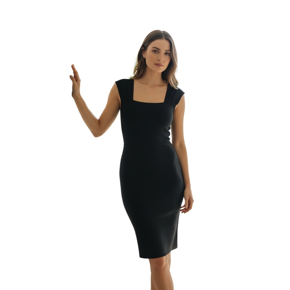 Max Studio Black‎ Bandage Bodycon Dress S Small Square Neck Cap Sleeve Clubwear